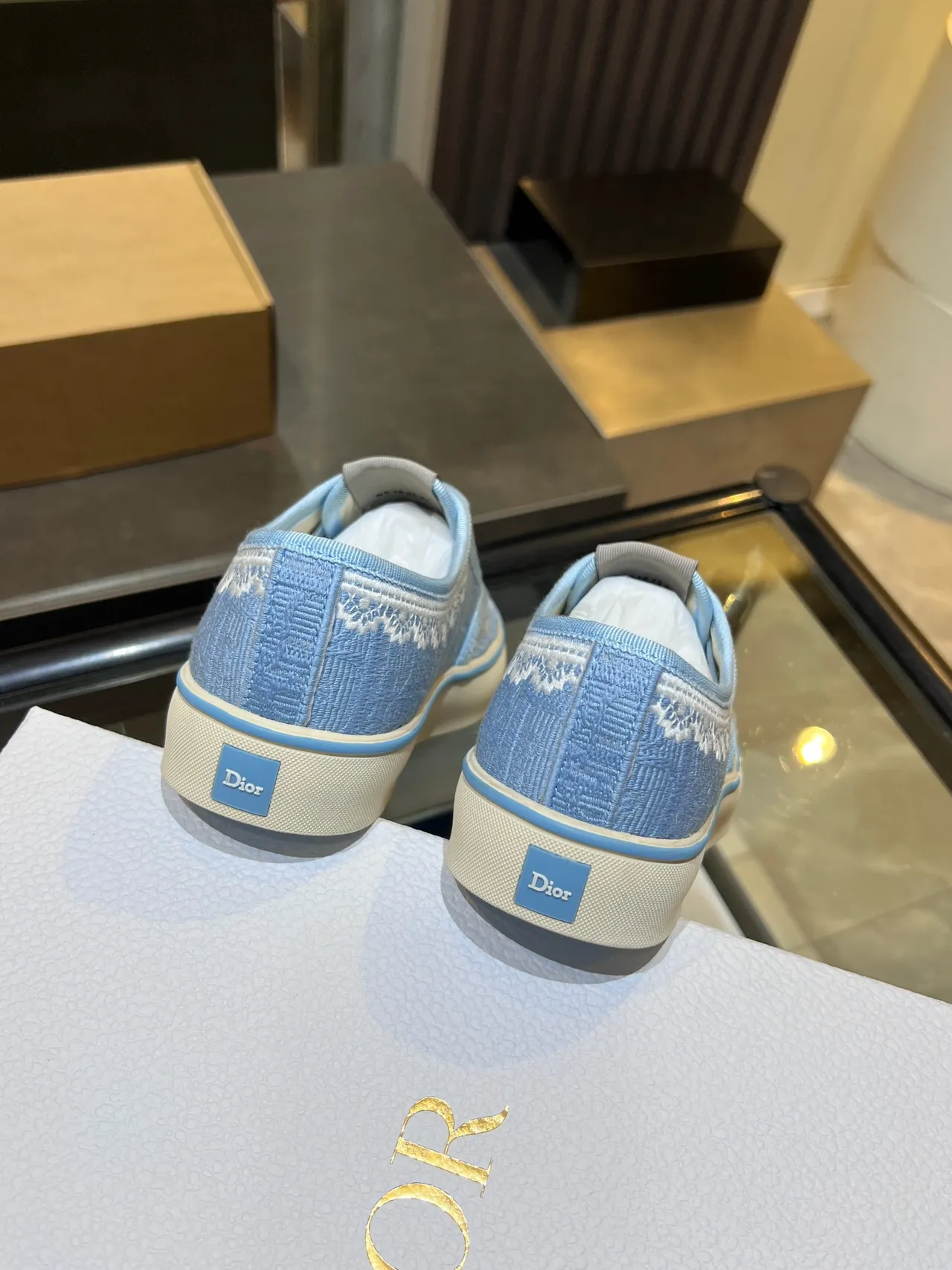 Dior Blue White Light Jacquard Textile Upper Embroidered Lace Trim Lifestyle Sneakers 4