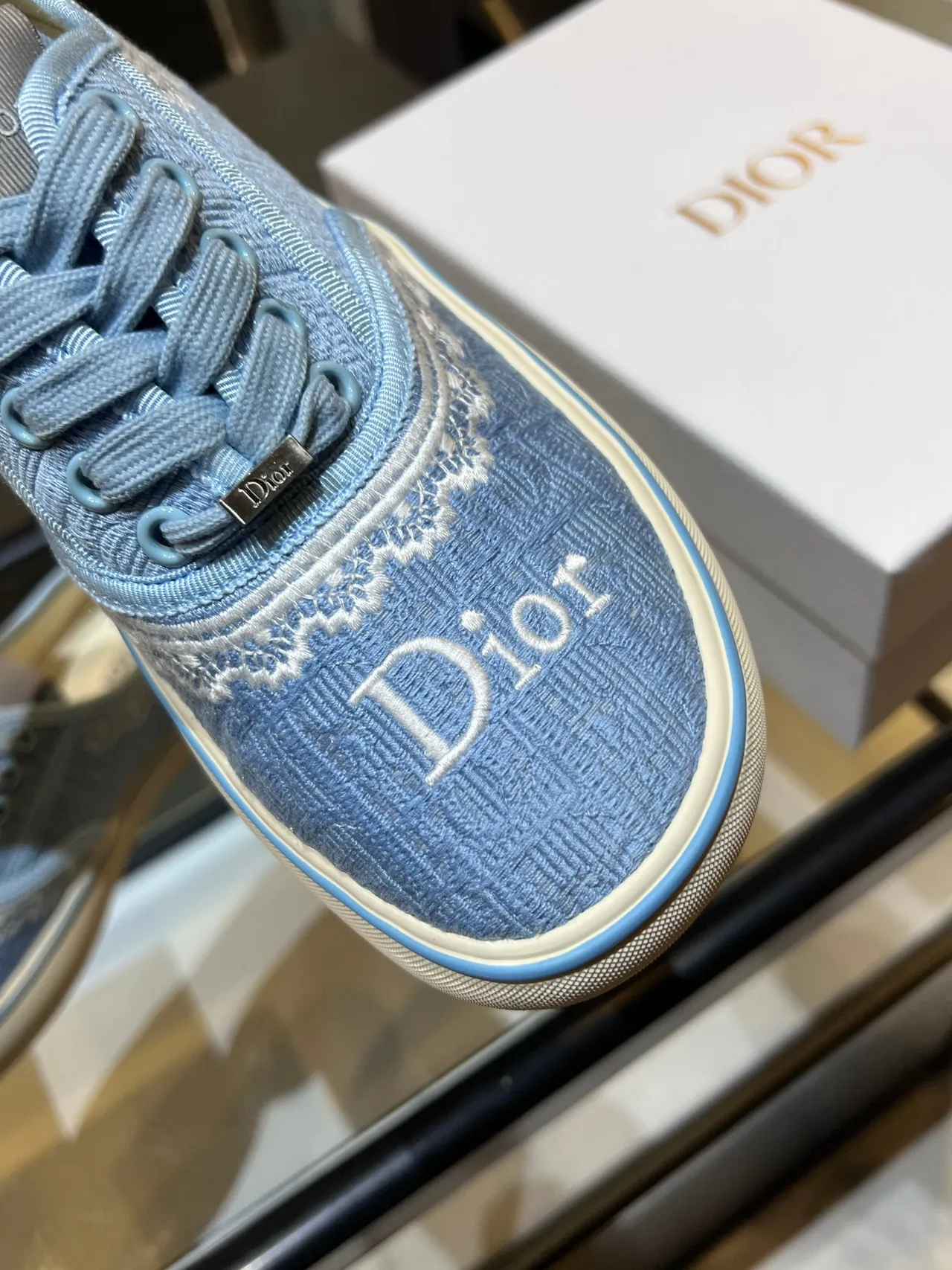 Dior Blue White Light Jacquard Textile Upper Embroidered Lace Trim Lifestyle Sneakers 5