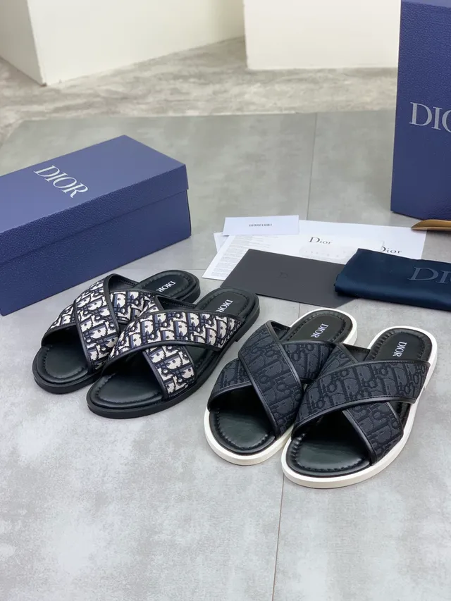 Dior Bobby Black Beige Crossed-Strap Oblique Monogram Jacquard Slippers 2