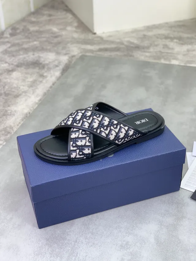 Dior Bobby Black Beige Crossed-Strap Oblique Monogram Jacquard Slippers 5