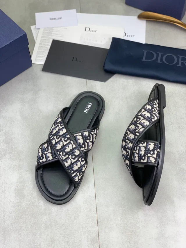 Dior Bobby Black Beige Crossed-Strap Oblique Monogram Jacquard Slippers 6
