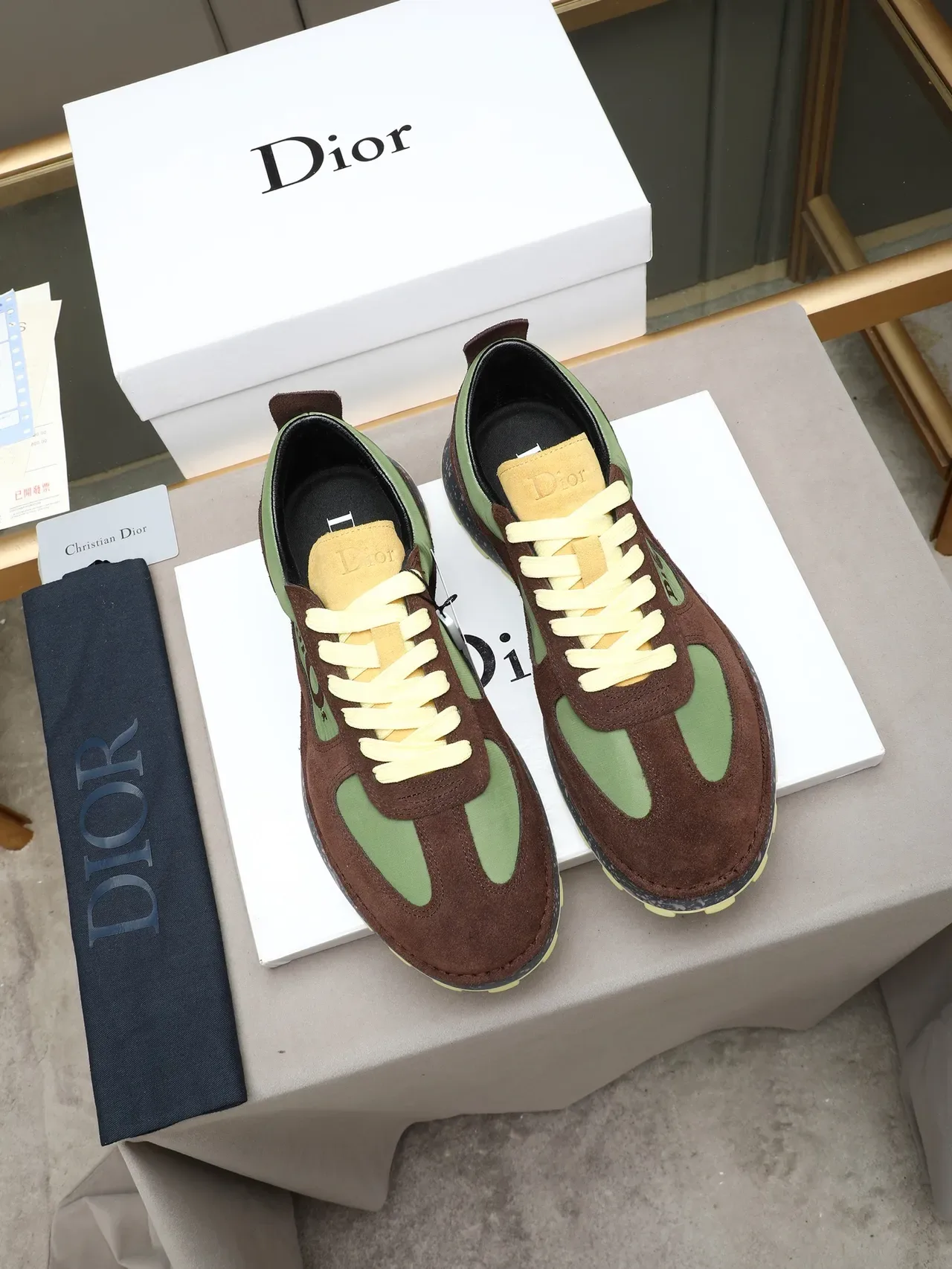 Dior Brown Green Multi-Material Upper Embroidered Logo Panel Lifestyle Sneakers 2