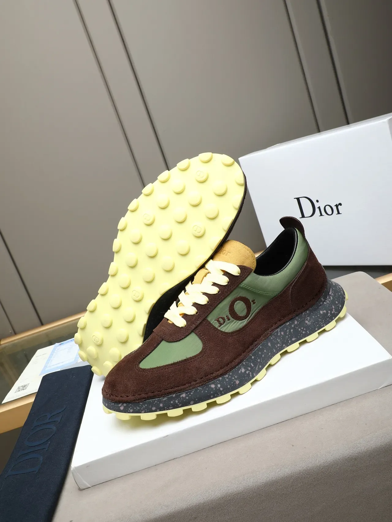 Dior Brown Green Multi-Material Upper Embroidered Logo Panel Lifestyle Sneakers 4
