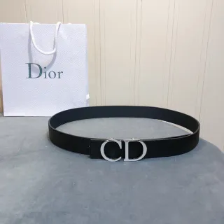 Dior CD Belt Black Silver Interlocking Buckle Smooth Strap Leather Belt