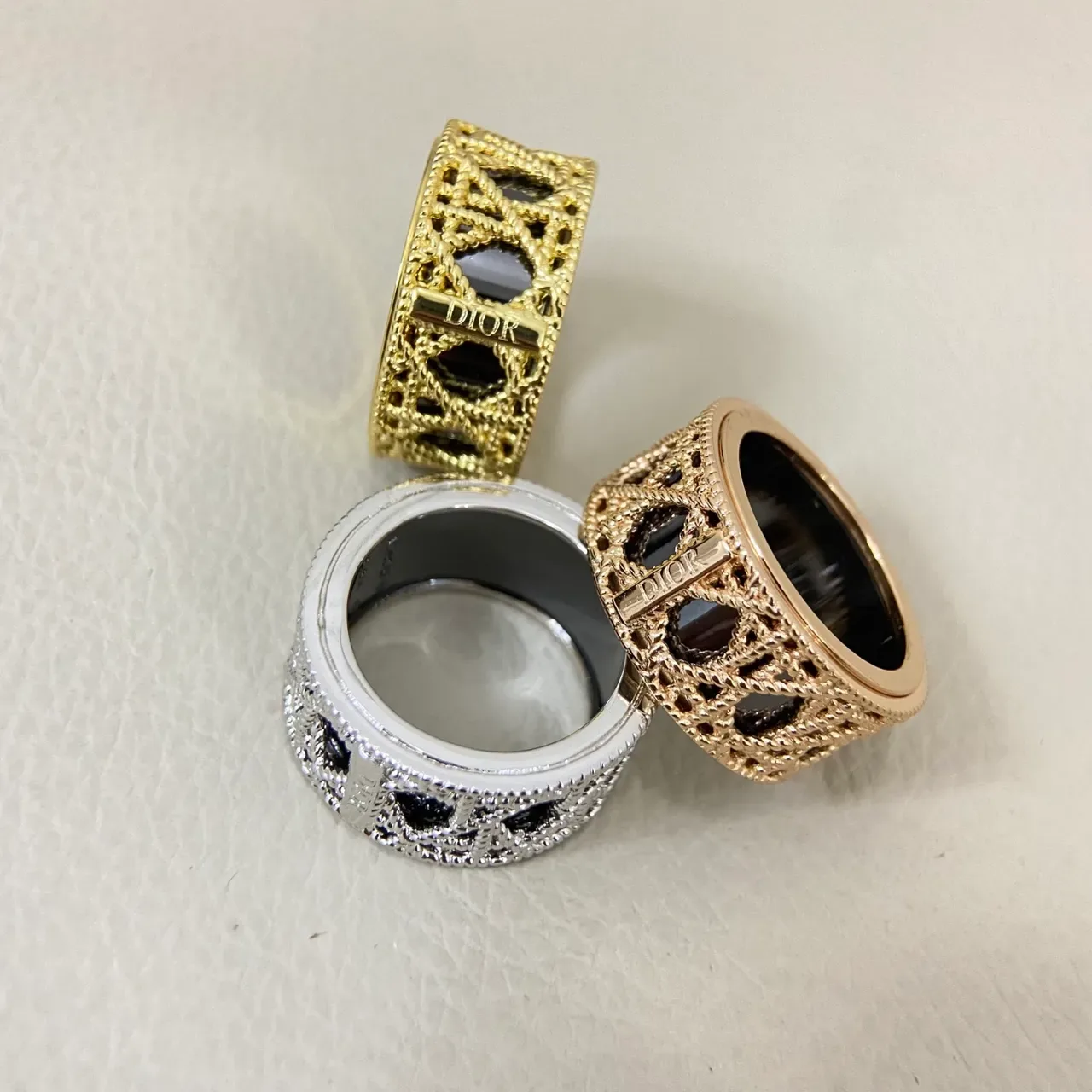Dior Gold Black Openwork Lattice Rope-Twist Motif Ring 2