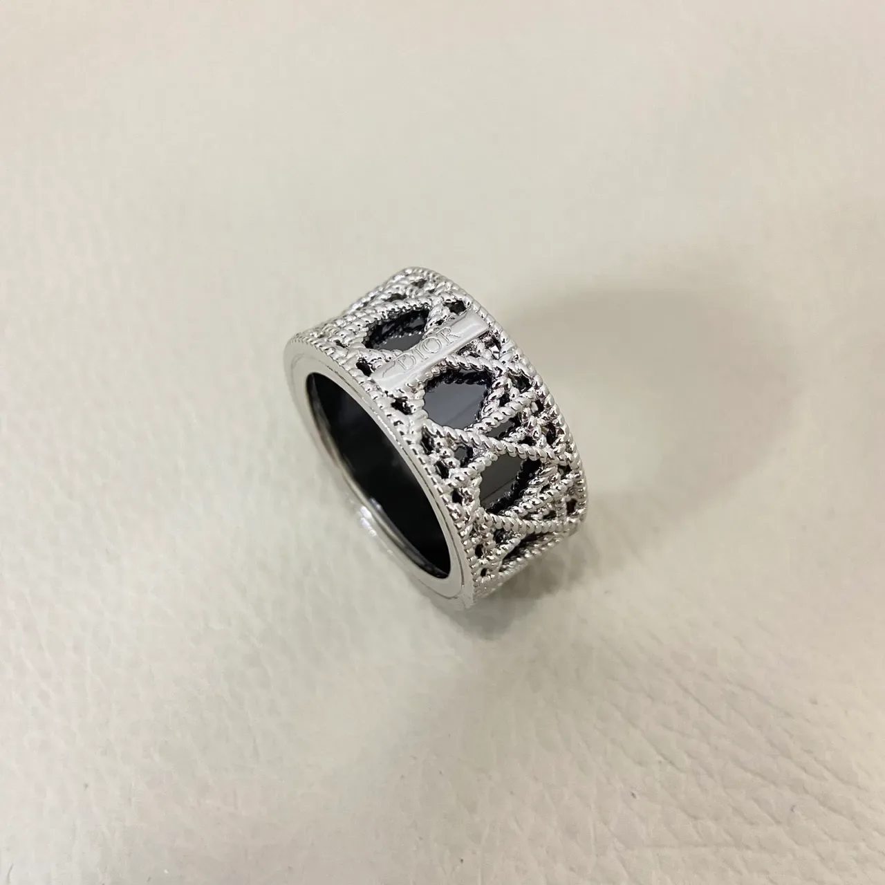 Dior Gold Black Openwork Lattice Rope-Twist Motif Ring 4