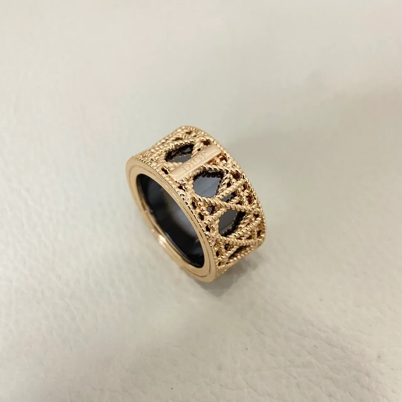 Dior Gold Black Openwork Lattice Rope-Twist Motif Ring 6