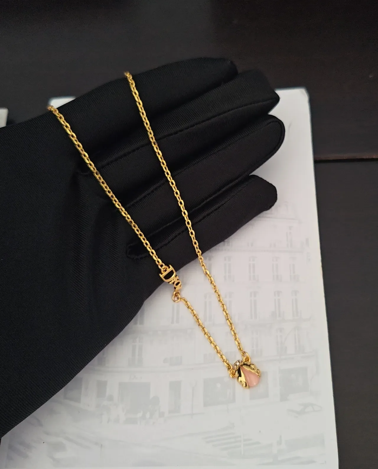 Dior Gold Chain Script Logo Oval Charm Necklace 4