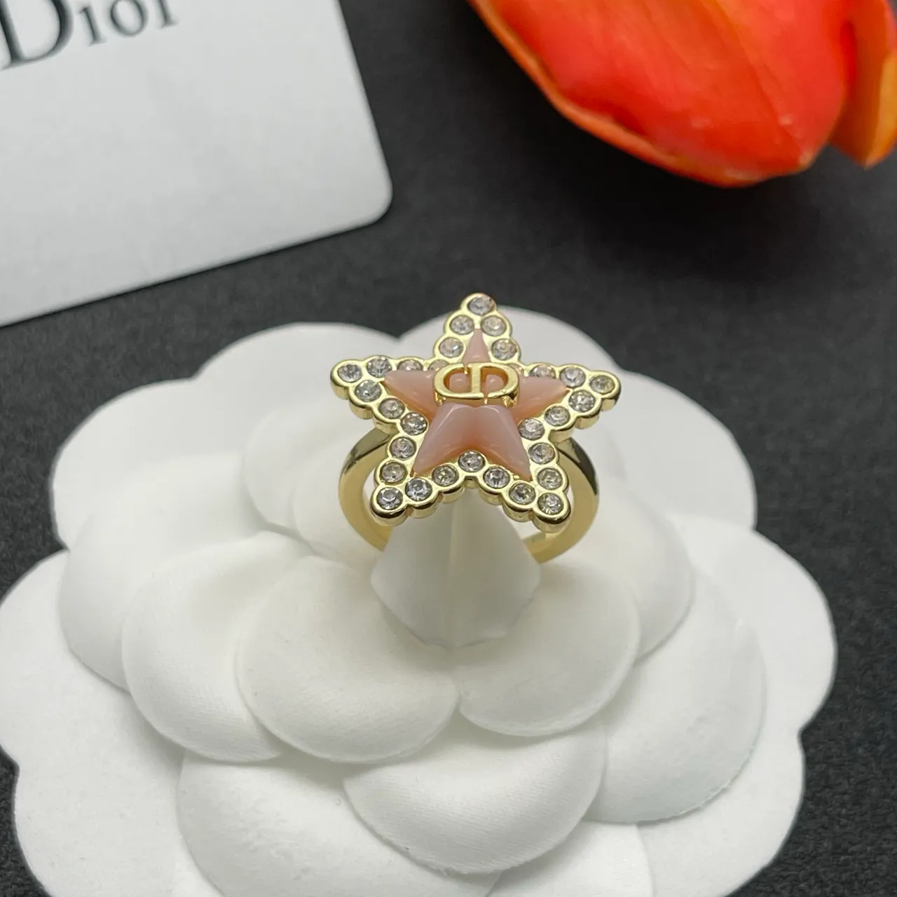 Dior Gold Pink Star-Shaped Pavé-Crystal Bordered Ring 7