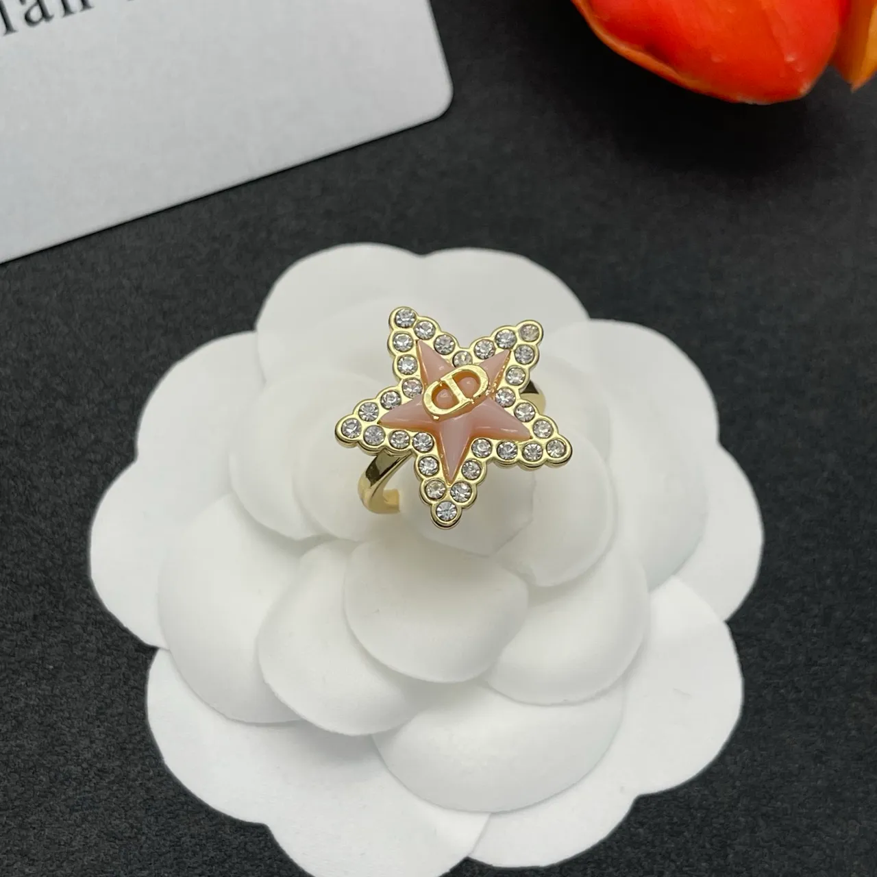 Dior Gold Pink Star-Shaped Pavé-Crystal Bordered Ring 8