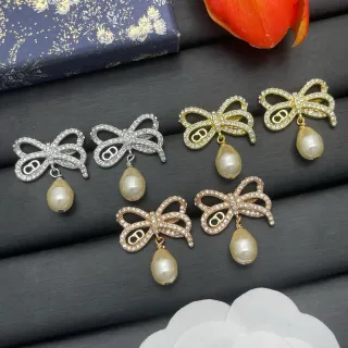 Dior Gold Silver Bow-Shaped Crystal-Encrusted Earrings