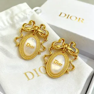 Dior Gold-Tone Bow Motif Oval Cabochon Earrings
