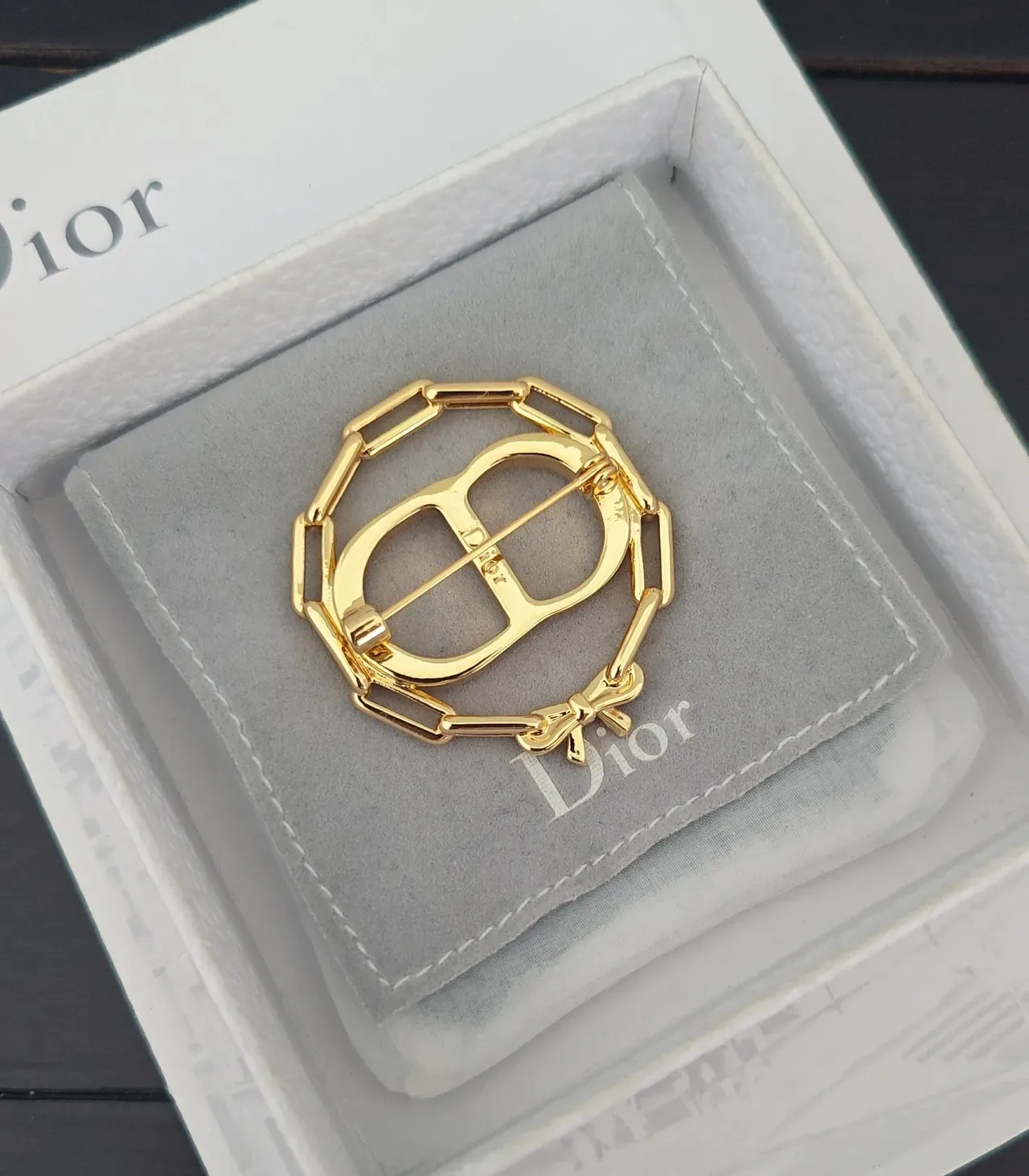Dior Gold-Tone Crystal CD Motif Chain-Link Brooch 2