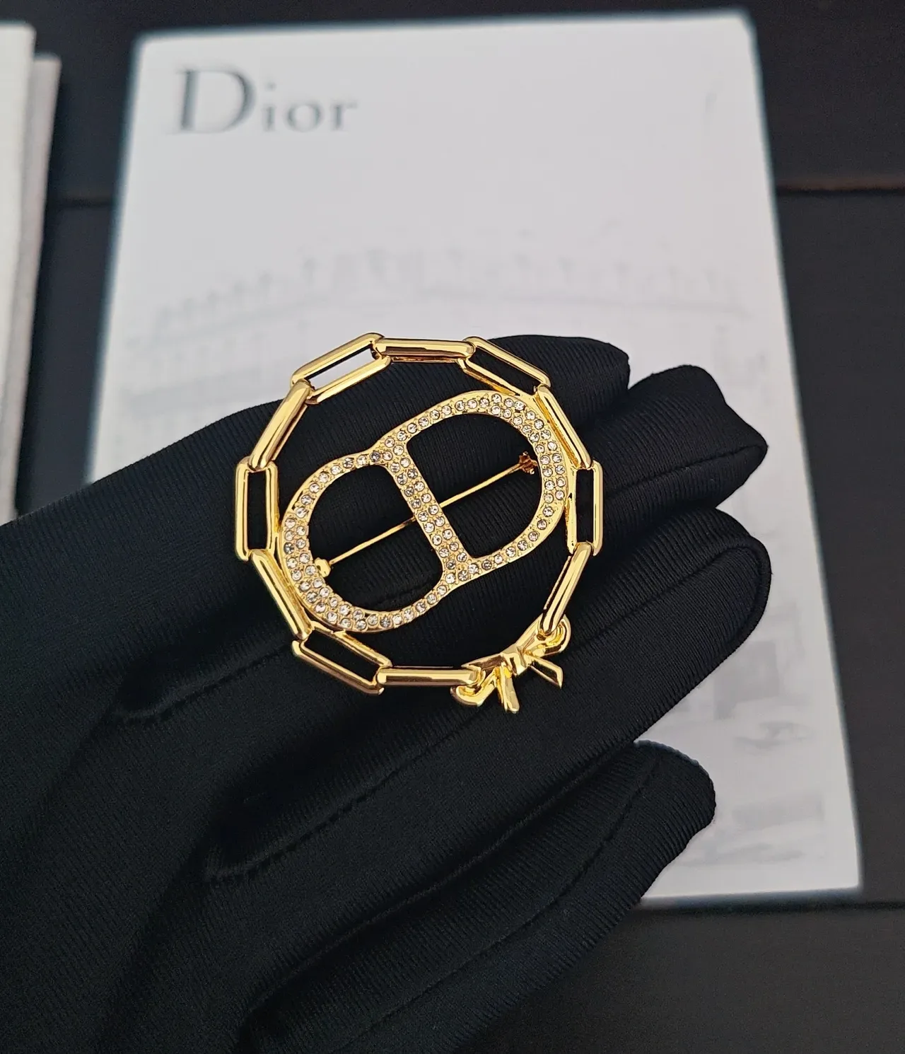 Dior Gold-Tone Crystal CD Motif Chain-Link Brooch 4