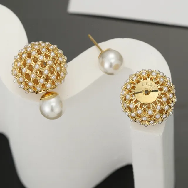 Dior Gold-Tone Pearl-Studded Lattice Sphere Earrings 6