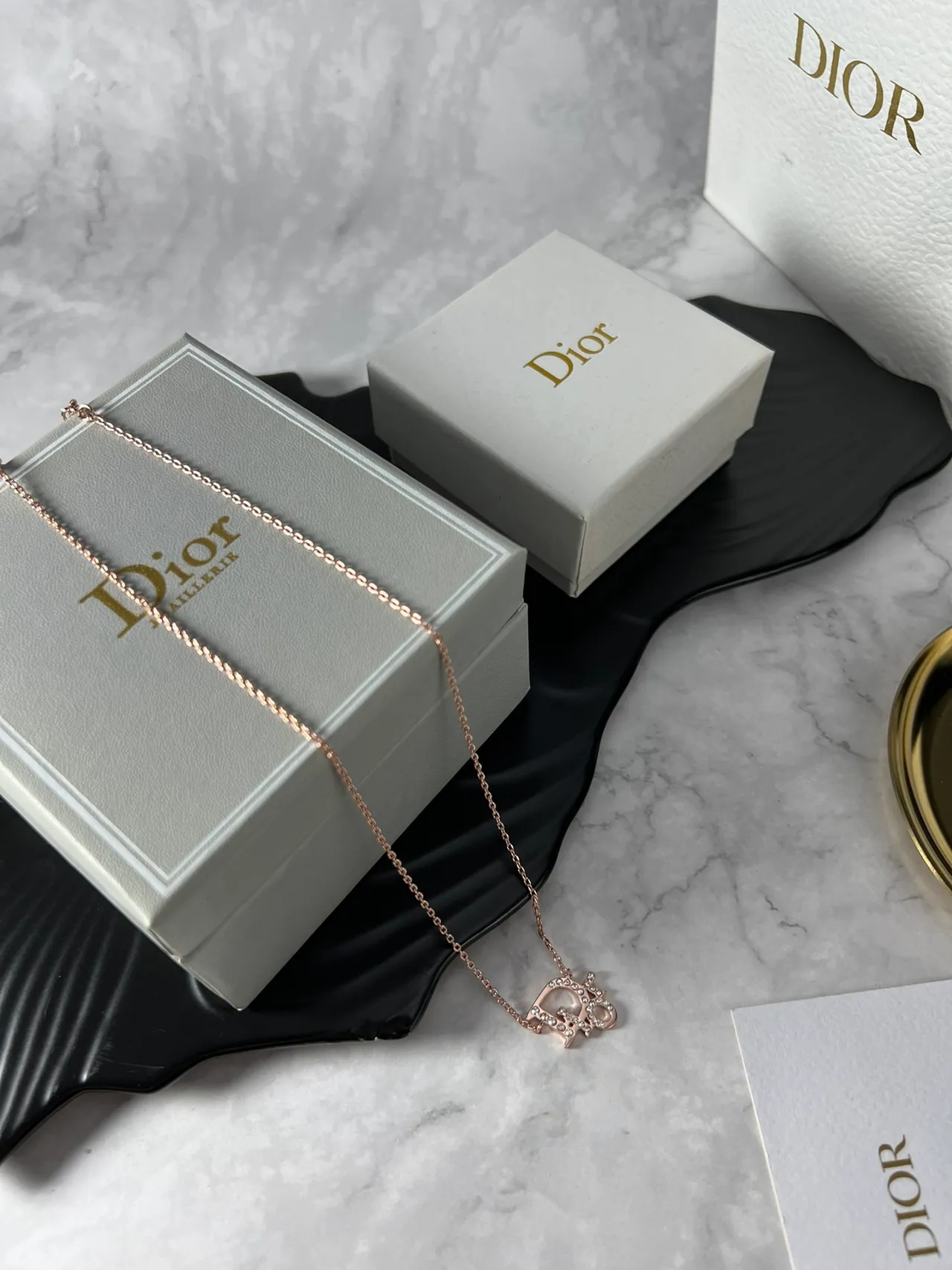Dior Gold White Chain Crystal-Pavé D-Shaped Pendant Necklace 4