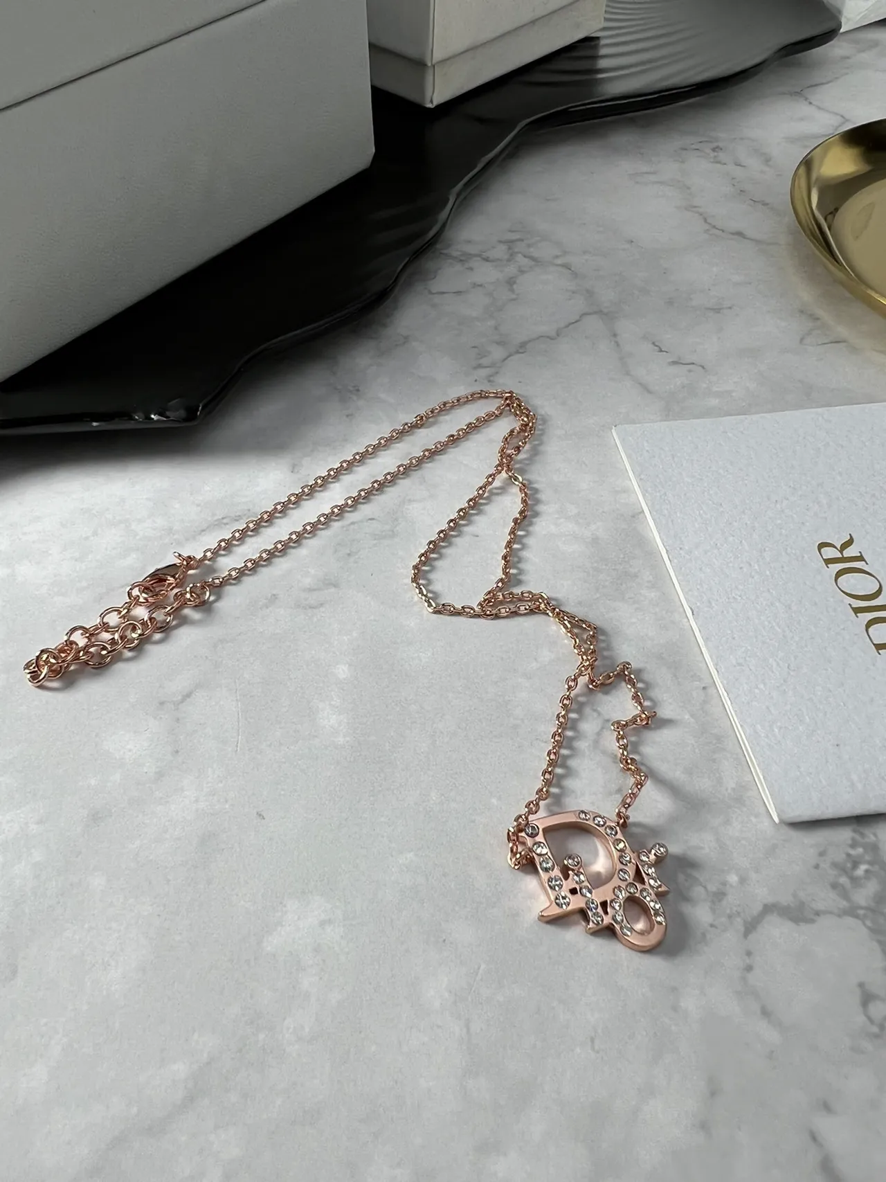 Dior Gold White Chain Crystal-Pavé D-Shaped Pendant Necklace 5