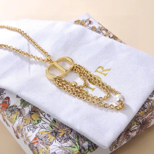 Dior Gold White Chain Interlocked CD Logo Necklace 2