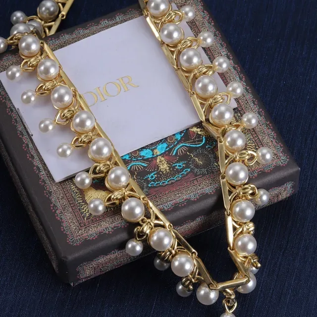 Dior Gold White Filigree Multi-Tiered Pearl Drops Necklace 3