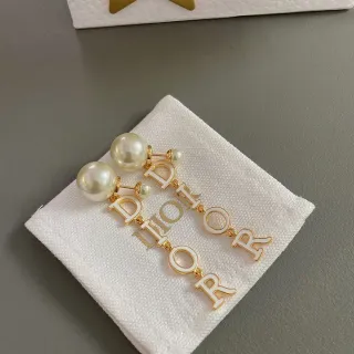 Dior Gold White Metal Enamel-Letter Charms Earrings
