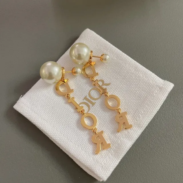 Dior Gold White Metal Enamel-Letter Charms Earrings 2