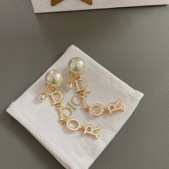 Dior Gold White Metal Enamel-Letter Charms Earrings 3