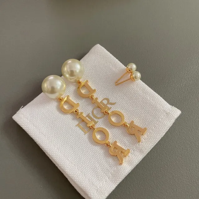 Dior Gold White Metal Enamel-Letter Charms Earrings 4