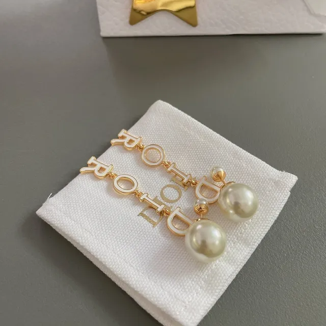 Dior Gold White Metal Enamel-Letter Charms Earrings 5