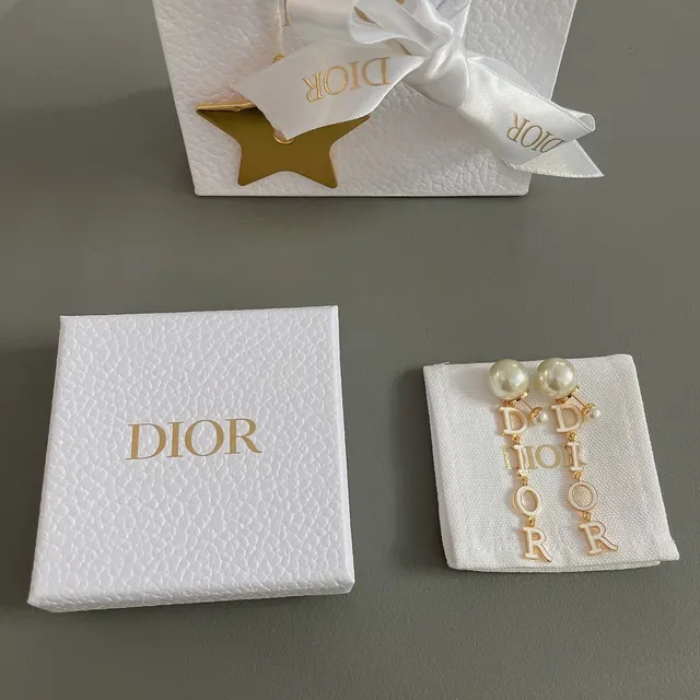 Dior Gold White Metal Enamel-Letter Charms Earrings 6
