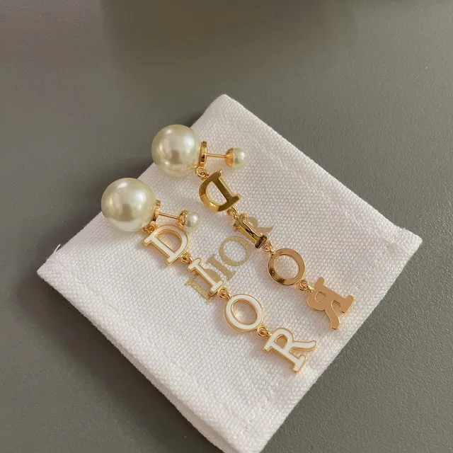 Dior Gold White Metal Enamel-Letter Charms Earrings 7