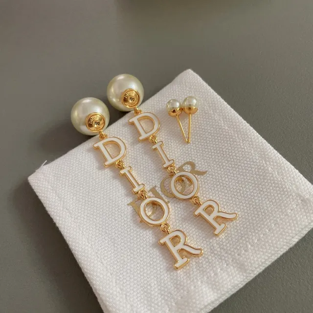 Dior Gold White Metal Enamel-Letter Charms Earrings 8