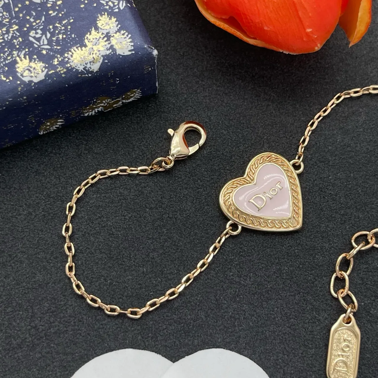 Dior Heart Pendant Gold-Tone Chain Bracelet 4