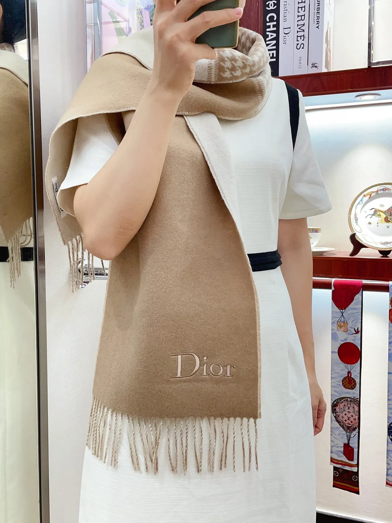 Dior Houndstooth and Solid Beige Cashmere Scarf 2