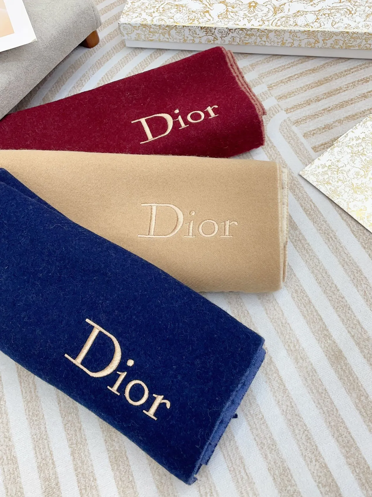 Dior Houndstooth and Solid Beige Cashmere Scarf 4