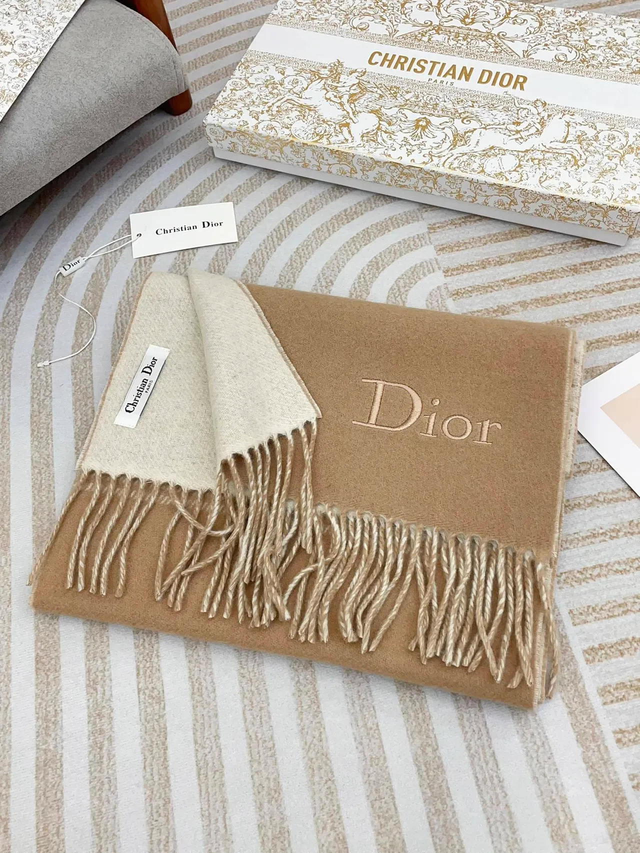 Dior Houndstooth and Solid Beige Cashmere Scarf 5