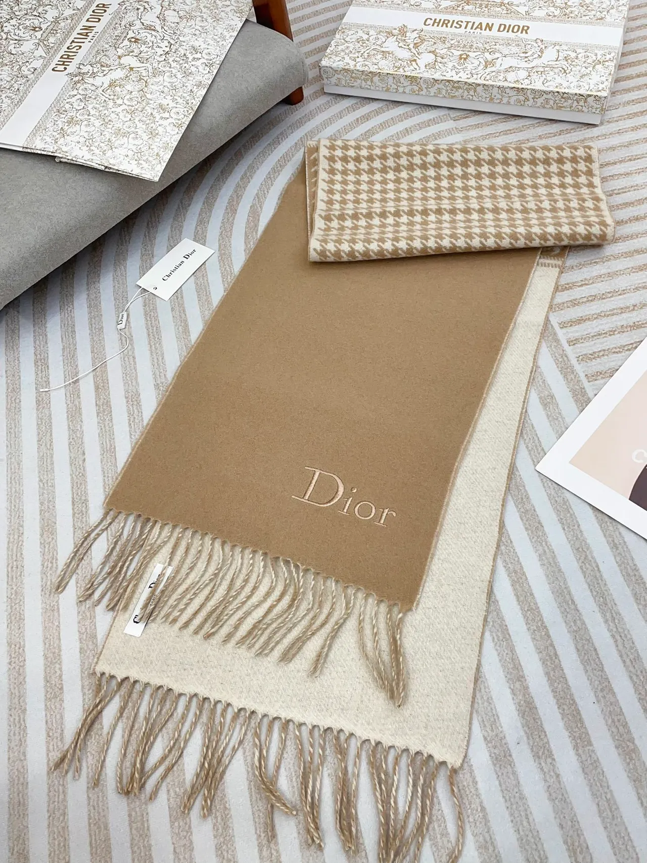 Dior Houndstooth and Solid Beige Cashmere Scarf 6