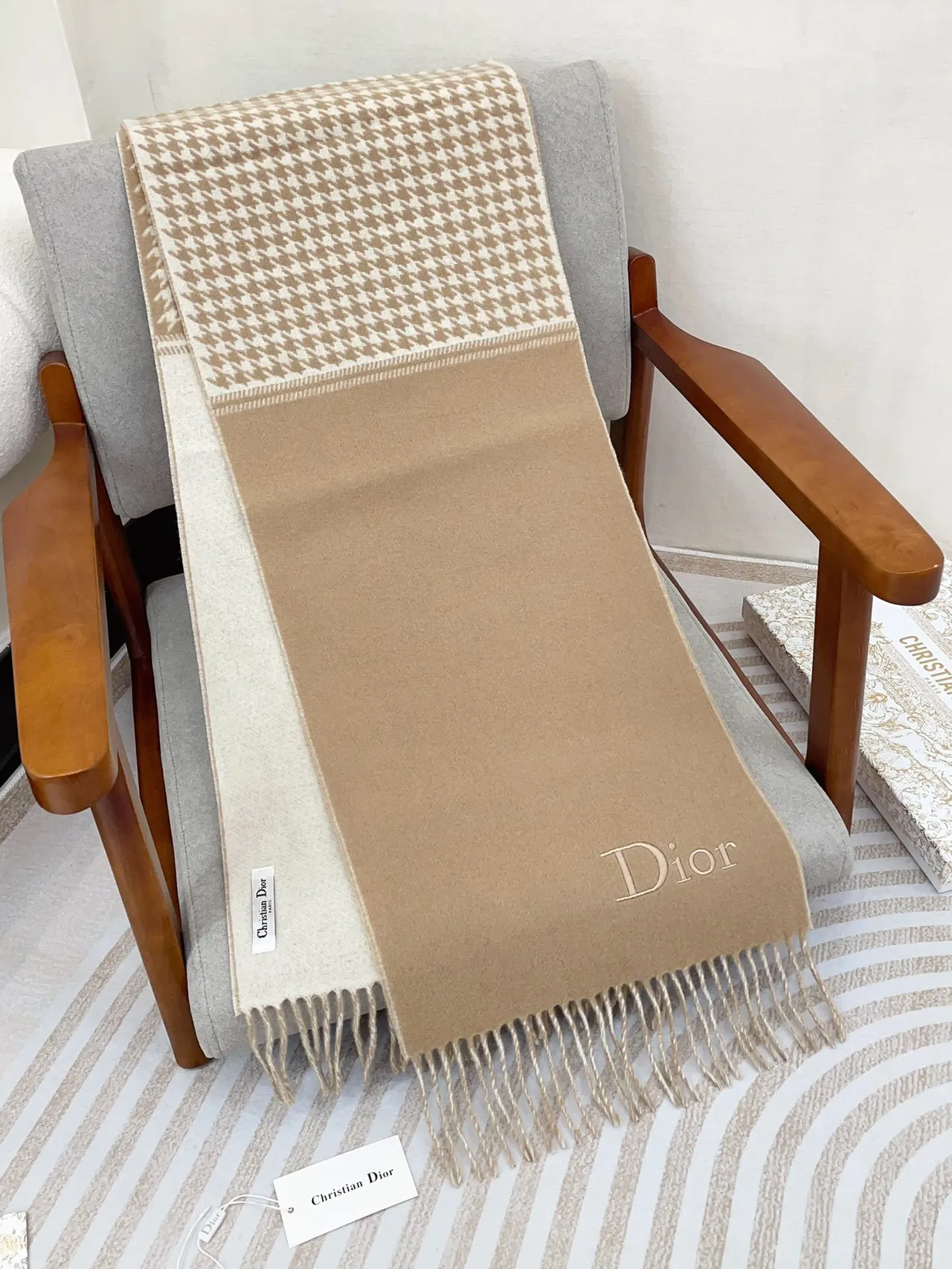 Dior Houndstooth and Solid Beige Cashmere Scarf 7