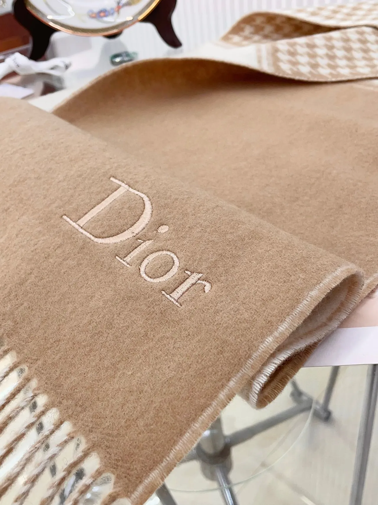 Dior Houndstooth and Solid Beige Cashmere Scarf 8