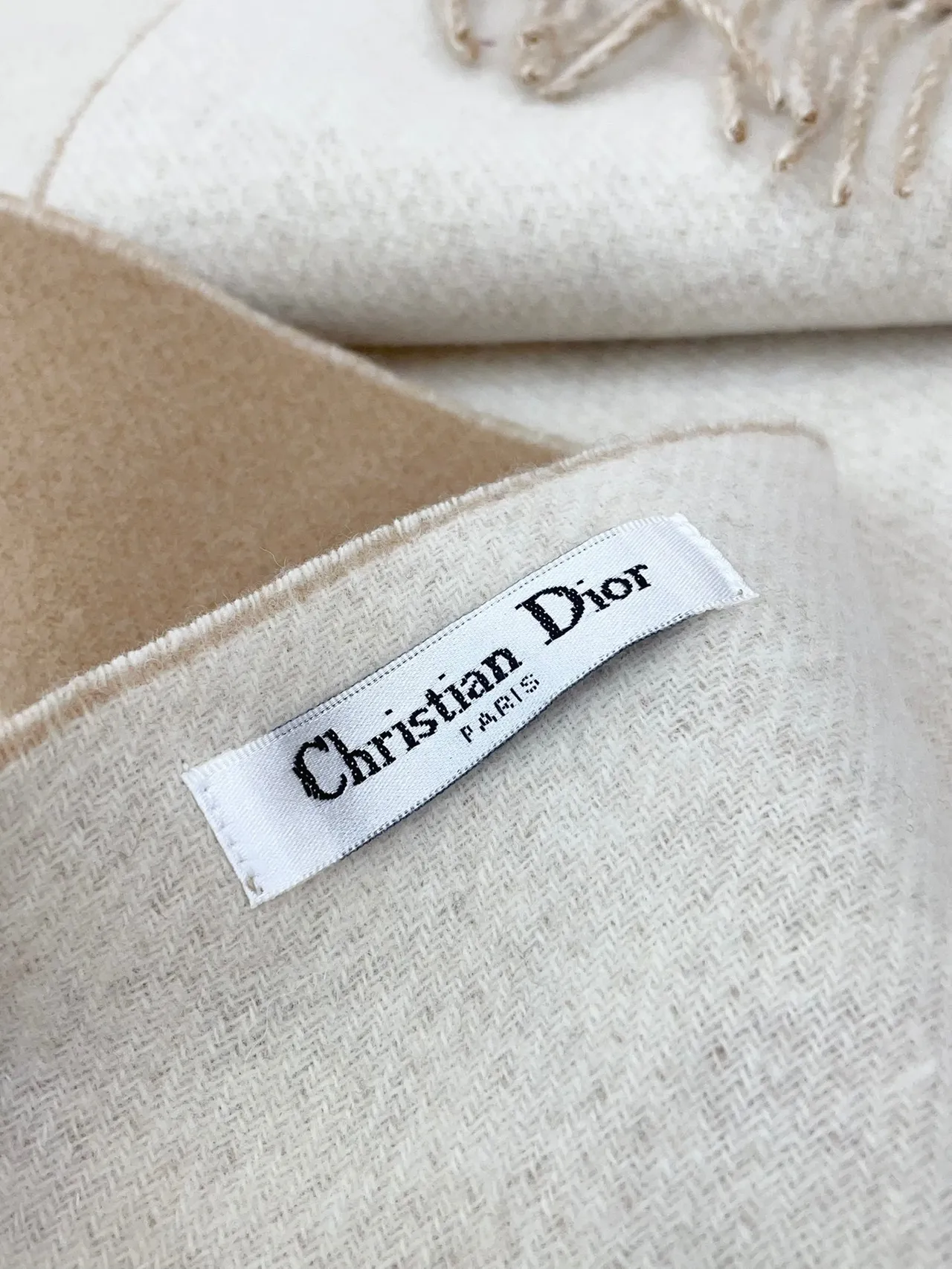 Dior Houndstooth and Solid Beige Cashmere Scarf 9