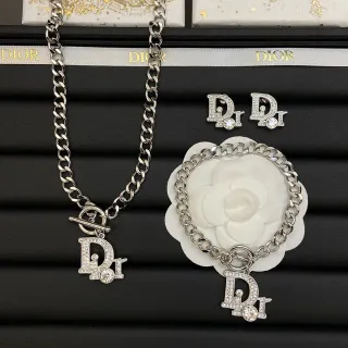 Dior Iconic Silver White Curb Chain Pavé-Crystal Monogram Pendant Necklace