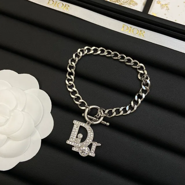 Dior Iconic Silver White Curb Chain Pavé-Crystal Monogram Pendant Necklace 4