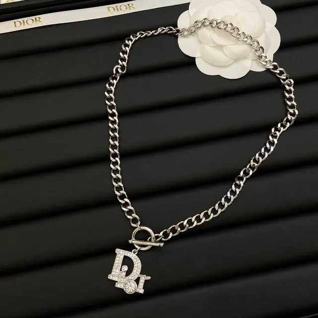 Dior Iconic Silver White Curb Chain Pavé-Crystal Monogram Pendant Necklace 5