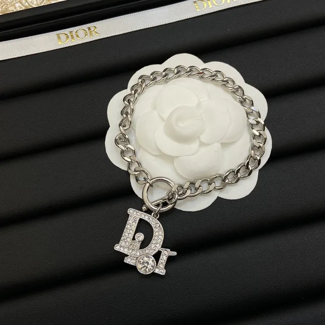 Dior Iconic Silver White Curb Chain Pavé-Crystal Monogram Pendant Necklace 7
