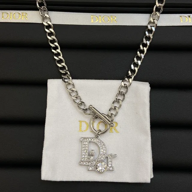 Dior Iconic Silver White Curb Chain Pavé-Crystal Monogram Pendant Necklace 8