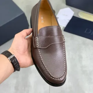 Dior Loafer Brown Beige Pebbled Leather Contrast-Stitched Penny Strap Loafer