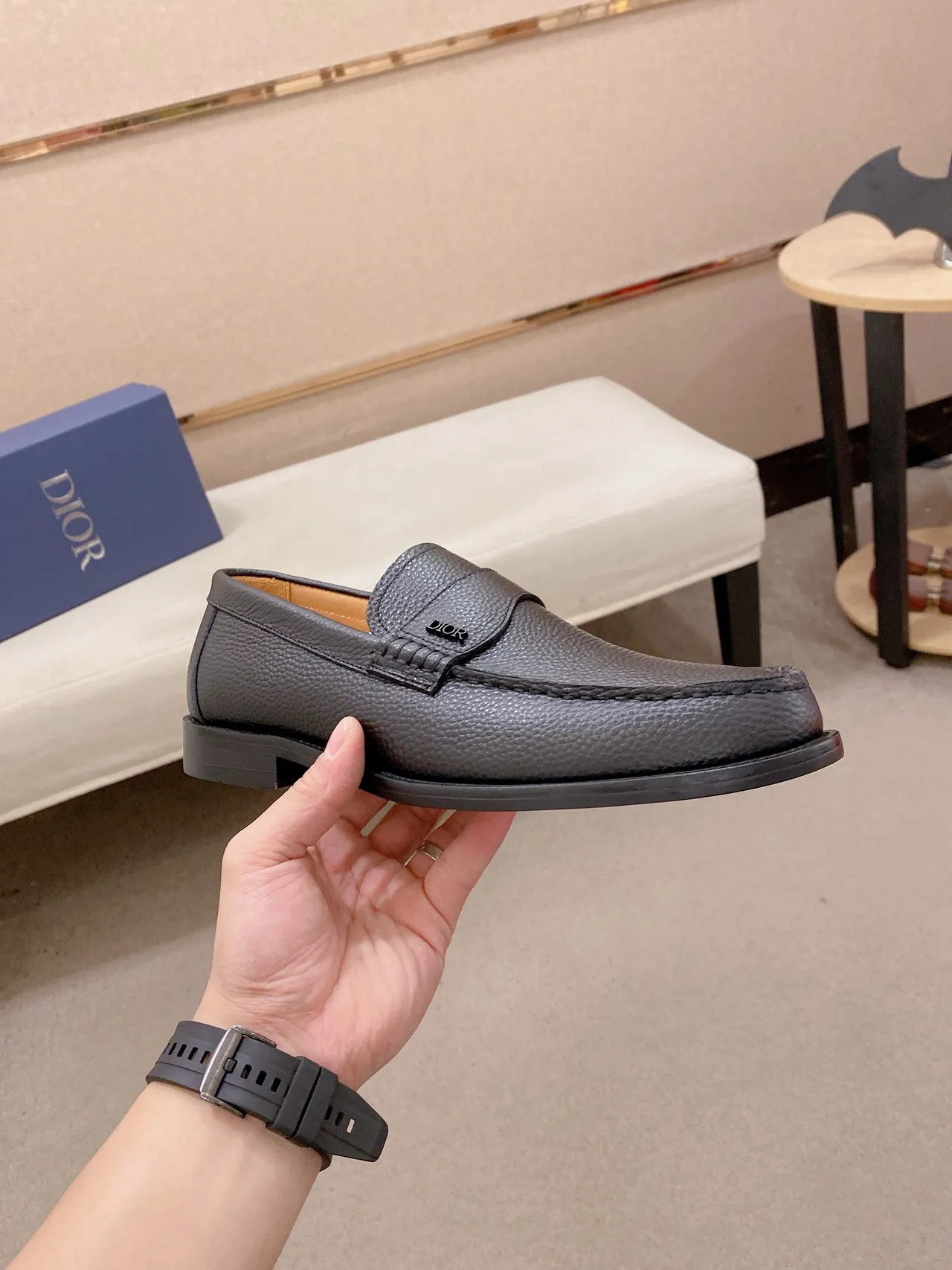 Dior Loafer Gray Beige Pebbled Leather Penny Strap Loafer 4