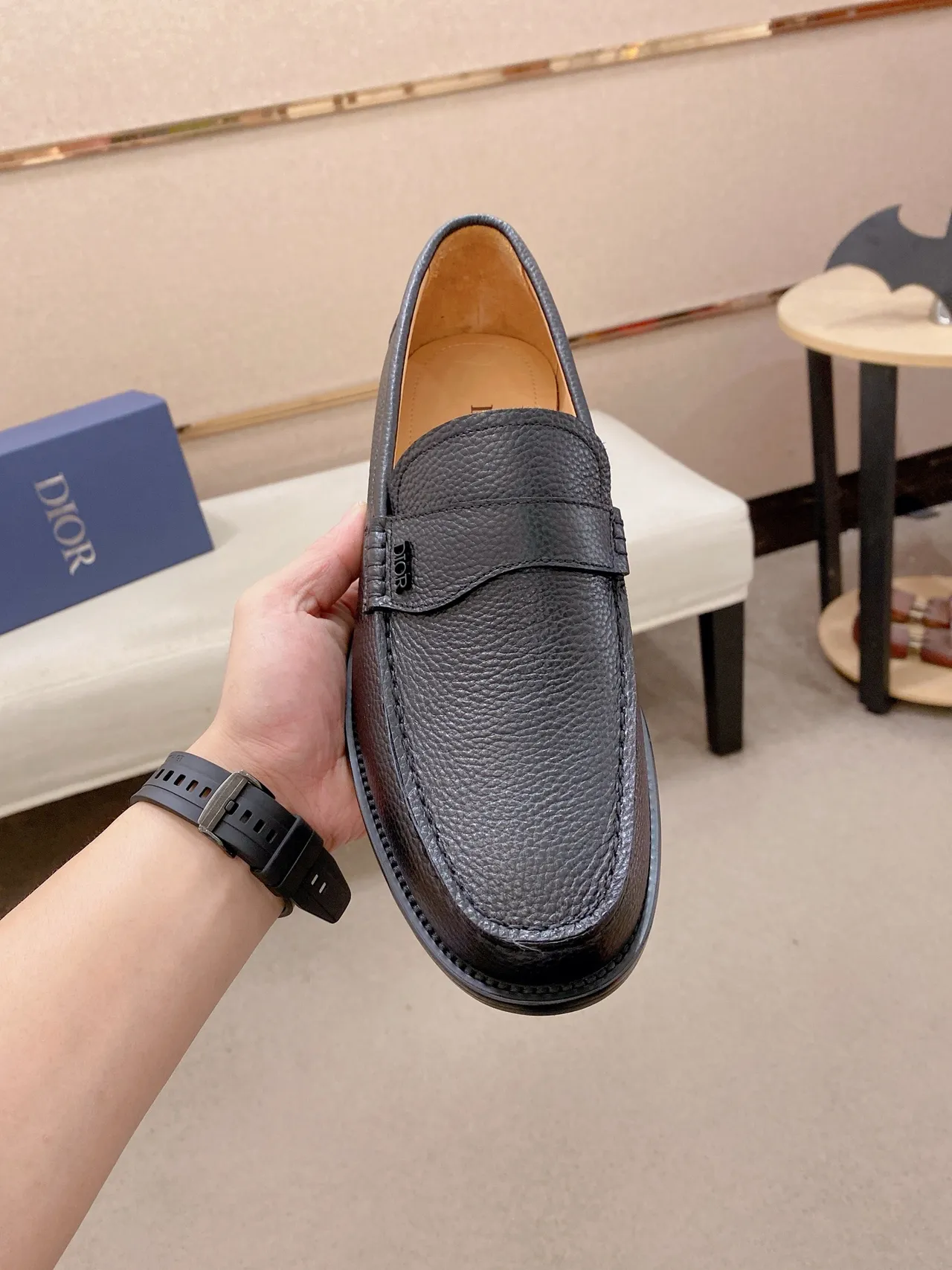 Dior Loafer Gray Beige Pebbled Leather Penny Strap Loafer 5