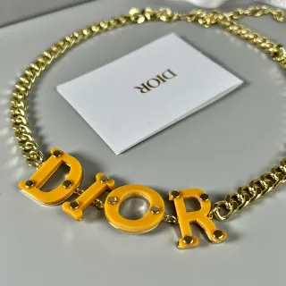 Dior Logo Necklace Yellow Gold Curb Chain Bold Resin Lettering Necklace
