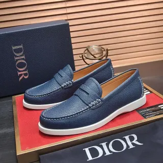 Dior नेवी व्हाइट पेबल्ड लेदर पेनी स्ट्रैप लोफर