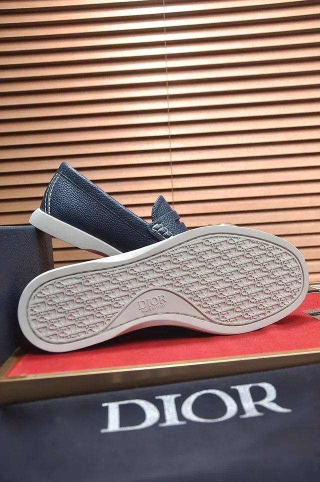 Dior Navy White Pebbled Leather Penny Strap Loafer 3